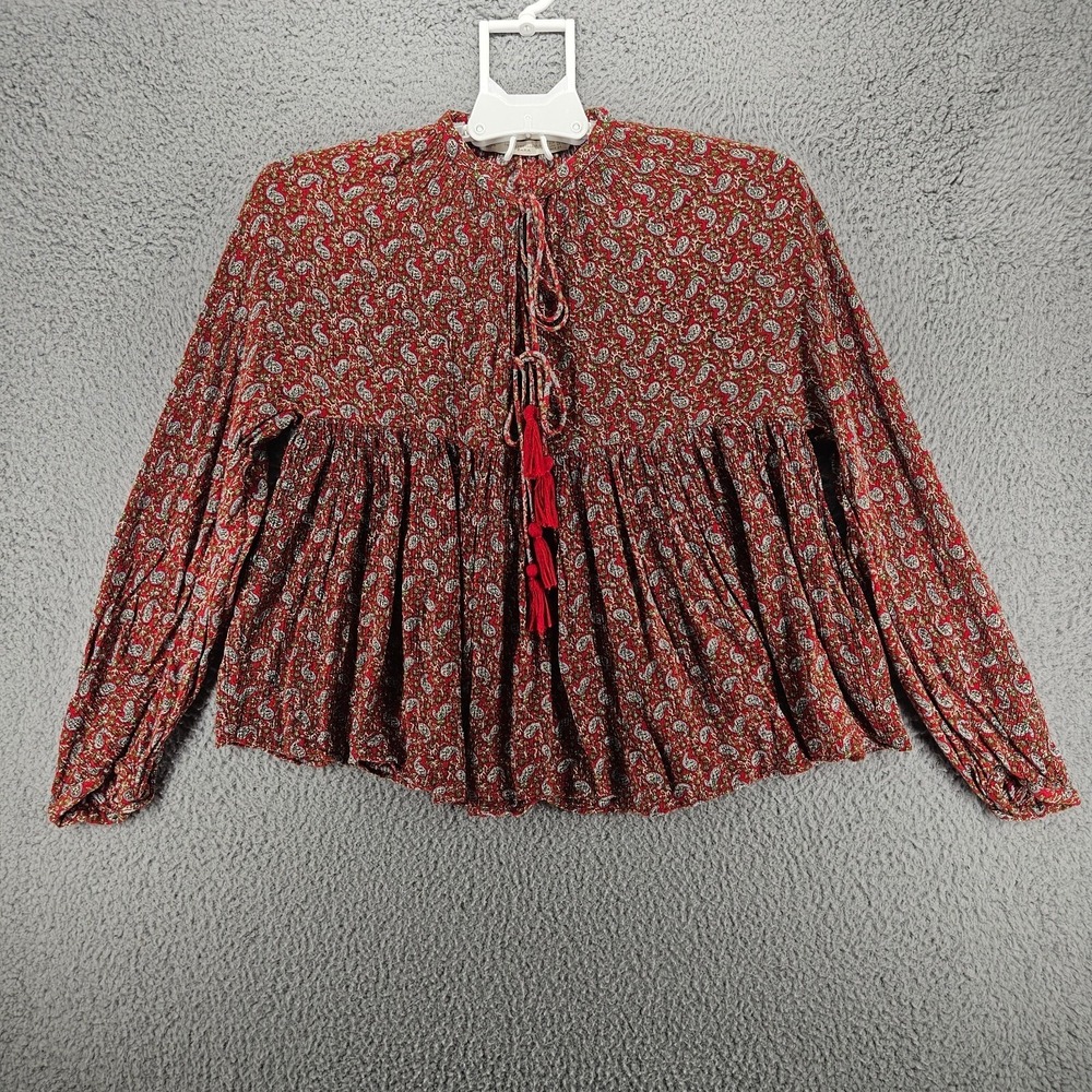 Zara Trafaluc Red Paisley Tassel Babydoll Blouse Top Womens XS Boho Long Sleeve